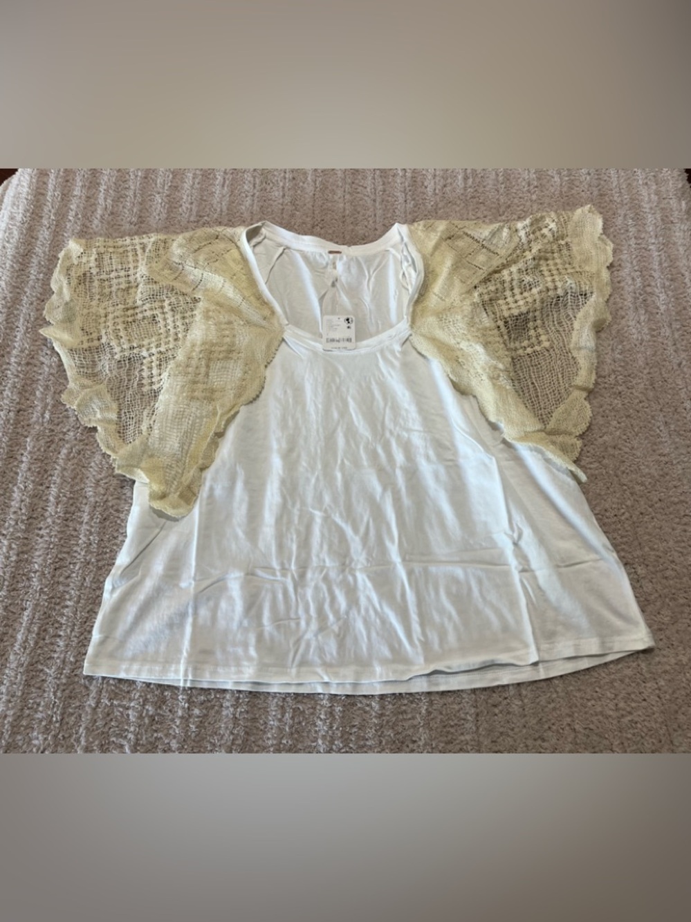 Free People White Top with Pale Yellow Crochet Flutter Sleeves